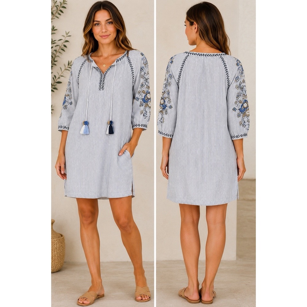 J.Jill Tassel Tie Shift Dress Womens S Blue White Striped Floral Embroidery Boho